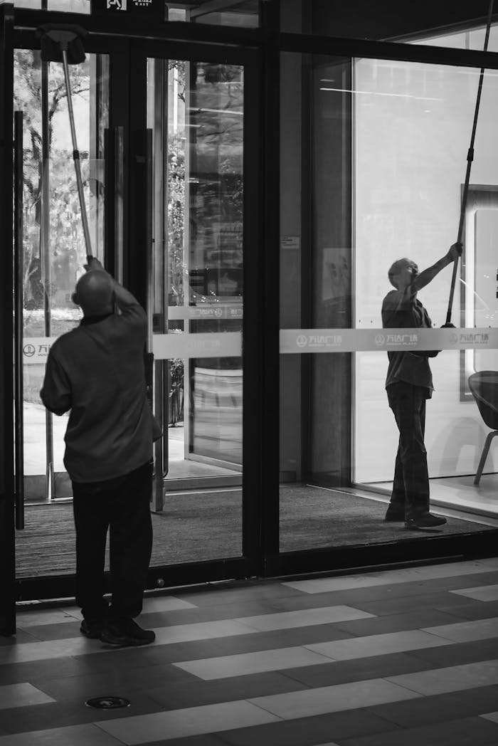 Two janitors cleaning large glass doors in a modern office building, reflecting hard work and teamwork.
